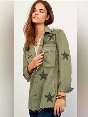 Pistola Olive Green Black Star Utility Jacket Raw Hem Edgy Women's Size XL